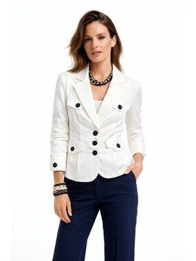 White Cotton Blazer Jacket Womens Size 6 Cinched Waste Office Nautical Coastal